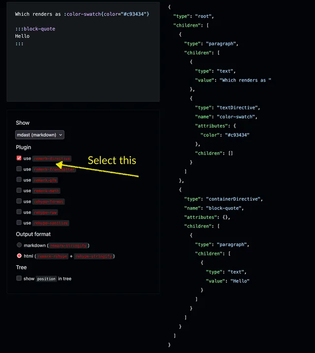 remark playground is useful to analyse tree that includes directives