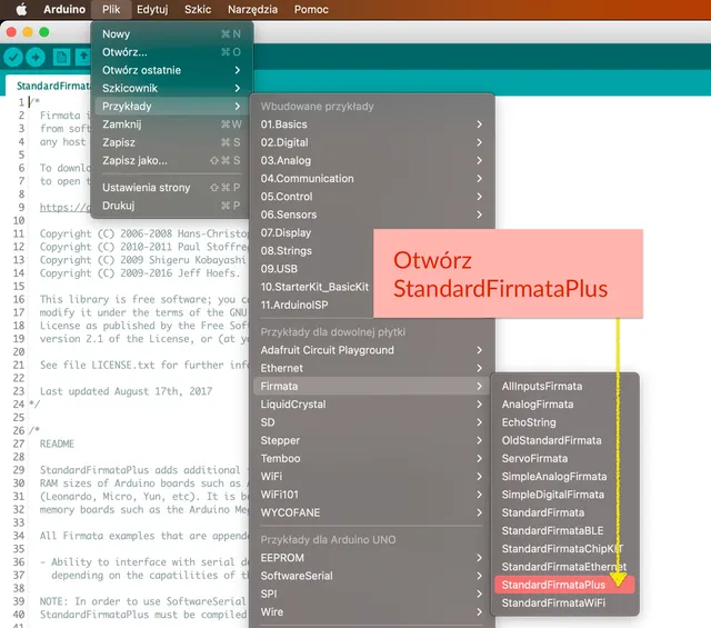Wybór StandardFirmataPlus w Arduino IDE