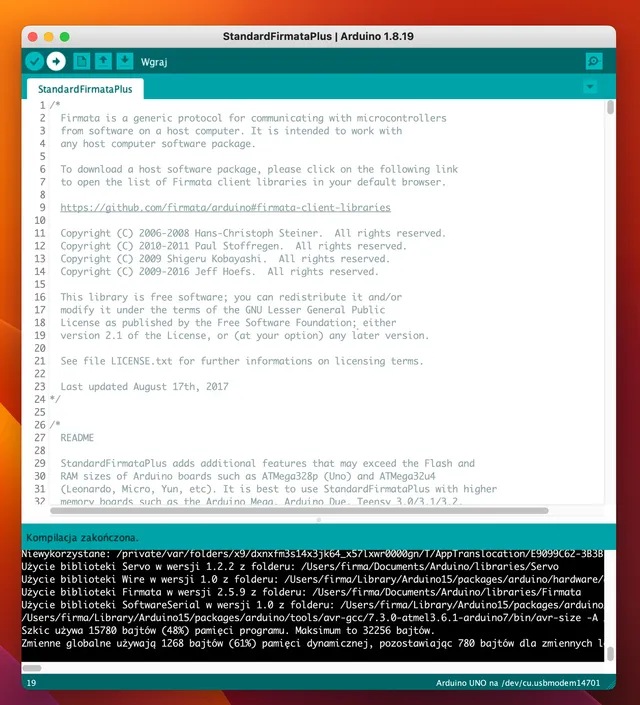 Wgranie oprogramowania do Arduino UNO